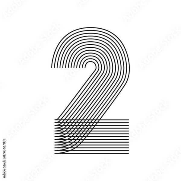 Obraz Number two 2 Line Art in black thin lines striped isolated on white background. Graphic design vector illustration for Banner Greeting Card Annual Report Poster Event Anniversary Symbol Jubilee Flyer