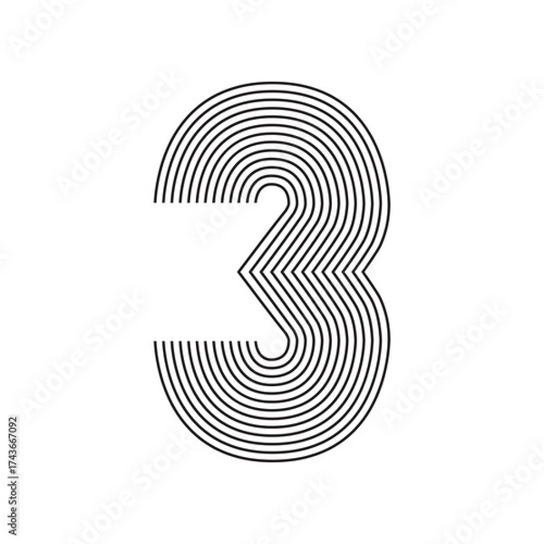 Obraz Number three 3 Line Art in black thin lines striped isolated on white background. Graphic design vector illustration for Banner Greeting Card Annual Report Poster Event Anniversary Symbol Jubilee Ad