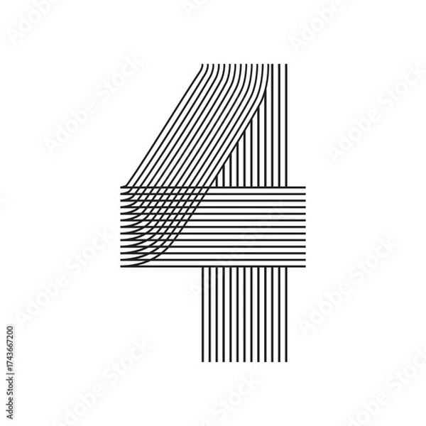 Obraz Number four 4 striped Line Art in black thin lines isolated on white background. Graphic design vector illustration for Banner Greeting Card Annual Report Poster Event Anniversary Symbol Jubilee Flyer