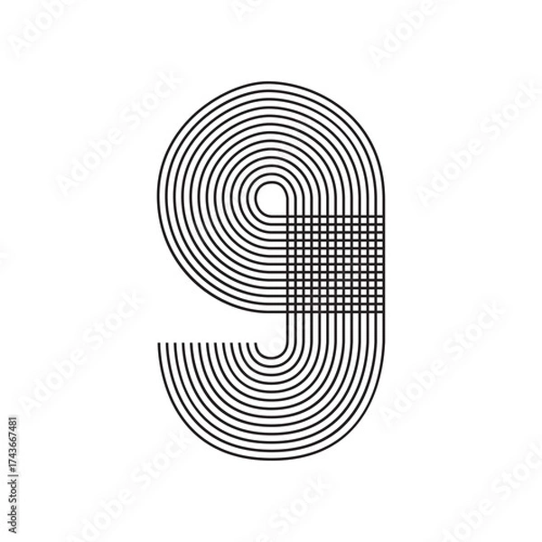 Obraz Number nine 9 linear in black thin striped lines isolated on white background. Graphic design vector illustration for Banner Greeting Card Annual Report Poster Event Anniversary Symbol Jubilee Flyer