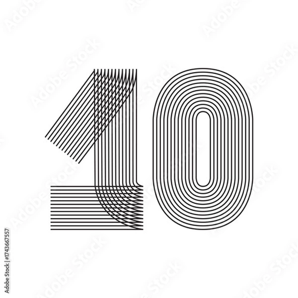 Obraz Number ten 10 line art in black thin striped lines isolated on white background. Graphic design vector illustration for Banner Greeting Card Annual Report Poster Event Anniversary Symbol Jubilee Party