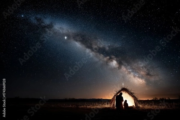 Fototapeta Silhouette of Mary and Joseph kneeling by the glowing baby Jesus in a humble hay stable under a dark, dramatic, and star-filled night sky.