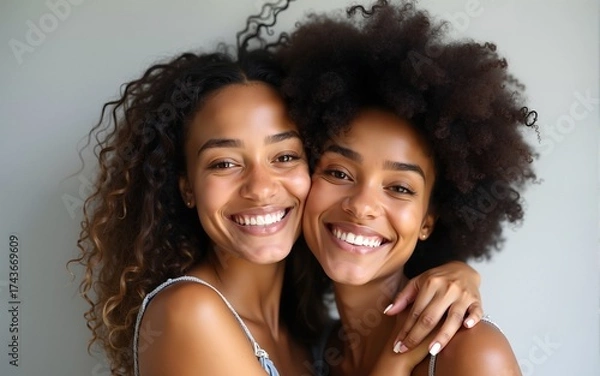 Fototapeta Multiracial two women hugging and smiling at camera. High quality