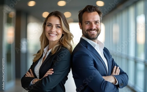 Fototapeta Two successful businesspeople standing back to back with arms crossed and smiling at camera, posing in modern office. High quality