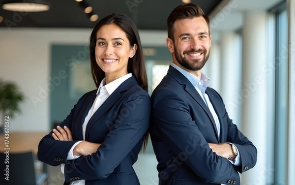 Fototapeta Two successful businesspeople standing back to back with arms crossed and smiling at camera, posing in modern office. High quality