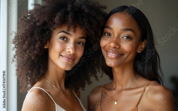 Fototapeta Multiracial puzzled two women thinking and posing on camera. High quality