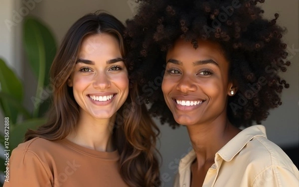 Fototapeta Multiracial puzzled two women thinking and posing on camera. High quality