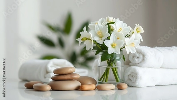 Obraz Elegant spa arrangement with white flowers and rolled towels.