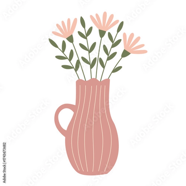 Fototapeta An illustration of a handcrafted vase with flowers. A graphic element with a pottery or interior design concept.