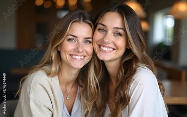 Fototapeta Two women, one leaning and one sitting, smile at the camera in a casual indoor setting, showcasing natural friendship and style. High quality