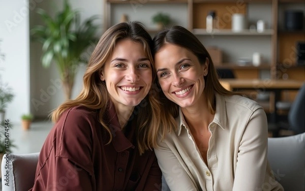 Fototapeta Two women, one leaning and one sitting, smile at the camera in a casual indoor setting, showcasing natural friendship and style. High quality