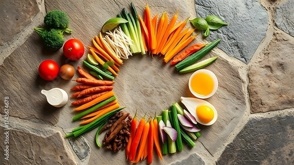 Obraz Fresh Asian ingredients arranged on a rustic stone surface, top-down view.