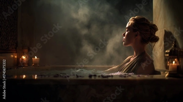 Obraz luxury spa photography, woman enjoying aromatic bath in marble bathtub, steam rising, candlelight ambience, cinematic lighting, ultra-realistic texture, high detail fine art, 32K resolution 
