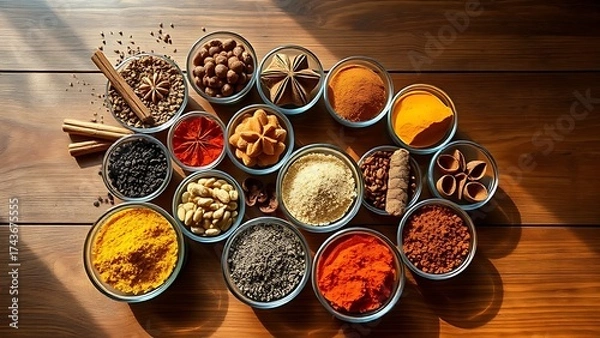Obraz An artistic arrangement of spice cups on a wooden table from an overhead perspective.