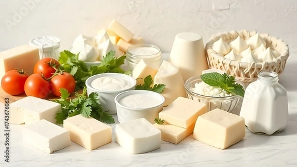 Obraz Fresh dairy products neatly arranged on a clean surface, bathed in soft natural light.