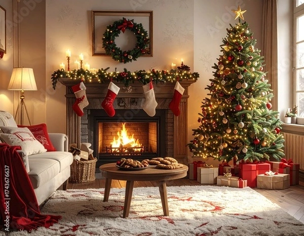 Obraz fireplace with christmas decorations