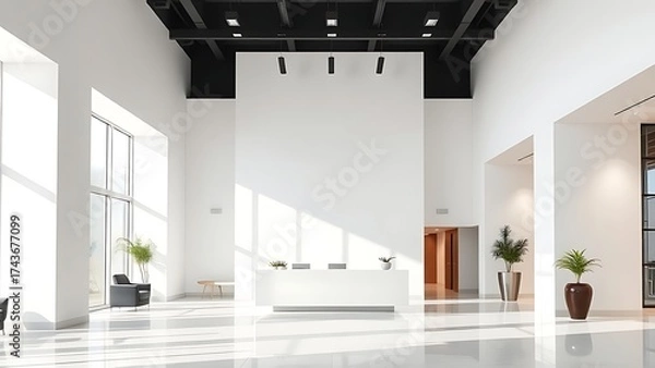 Obraz Contemporary office reception area with clean white walls and elegant architectural design.
