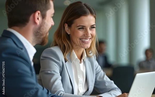 Fototapeta Smiling middle aged professional business woman executive working looking at laptop computer discussing digital data with male colleague at office meeting planning corporate strategy. Close up shot