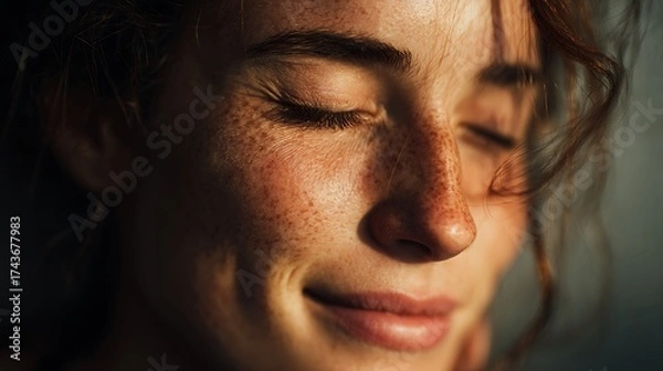 Obraz lifestyle fine art portrait, young woman smiling subtly with closed eyes under morning sunlight, peaceful and gentle emotion, soft cinematic tones, ultra-realistic texture, 32K resolution 