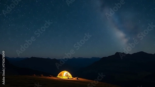 Obraz Starry mountain landscape at night with an illuminated tent under the milky way, serene and vast.