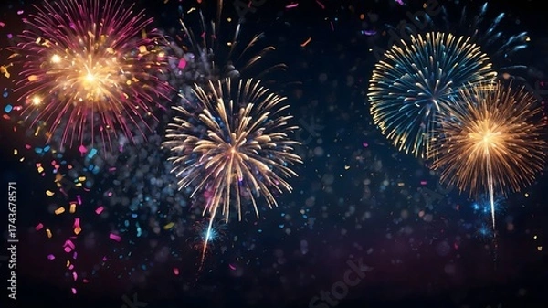 Fototapeta Confetti and Bokeh Fireworks in a Colorful Night Sky Celebration Background