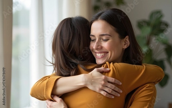 Fototapeta Sympathetic woman hugging friend with EMPATHY and SUPPORT. Friendship concept between two best friends. High quality