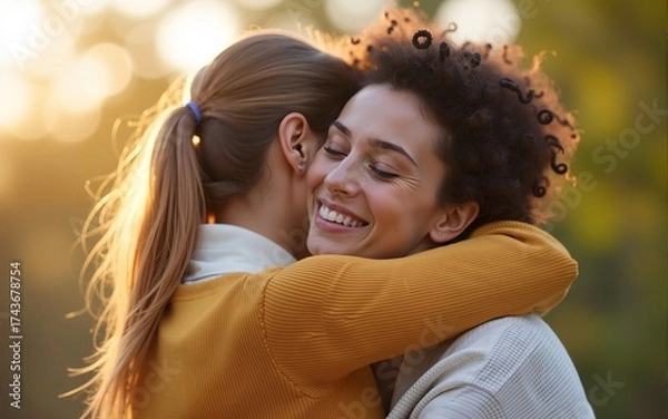 Fototapeta Sympathetic woman hugging friend with EMPATHY and SUPPORT. Friendship concept between two best friends. High quality