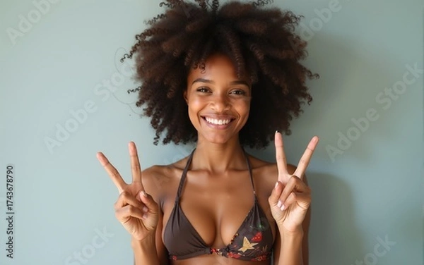 Fototapeta Young african american woman wearing bikini showing and pointing up with fingers number two while smiling confident and happy. High quality