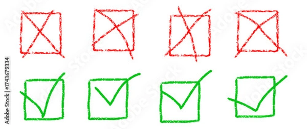 Obraz hand drawn check mark and cross empty filled boxes design read and green color