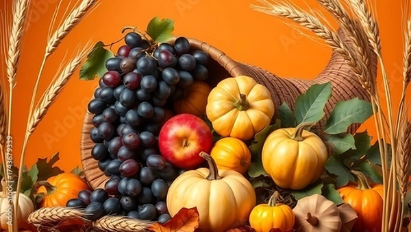Obraz A cornucopia overflowing with fresh fruits and gourds, framed by delicate wheat stalks.