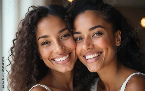 Fototapeta Close-up of two smiling women cheek to cheek. High quality