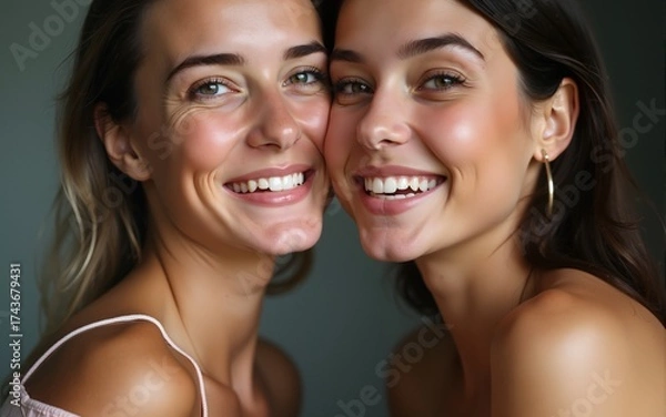 Fototapeta Close-up of two smiling women cheek to cheek. High quality