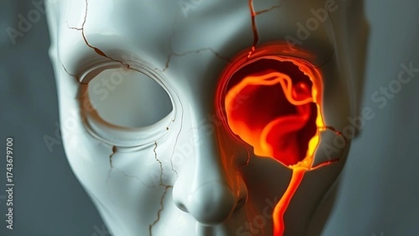 Obraz A porcelain mask with cracks revealing molten lava, representing suppressed emotions in aging women.