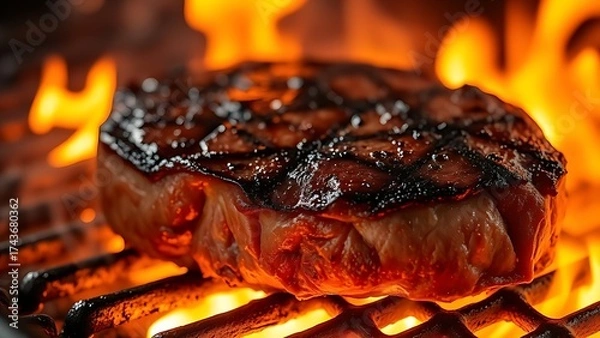 Obraz A close-up of a sizzling steak on a grill, showcasing rich caramelized textures.