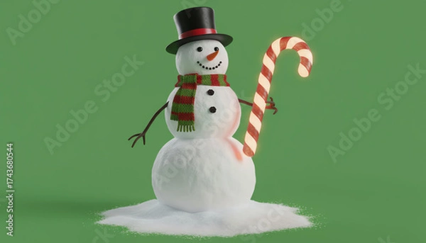 Fototapeta A cheerful snowman holding a striped candy cane against a vibrant green background, perfect for holiday-themed designs.
