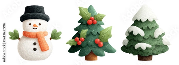 Fototapeta Cute Snowman and Christmas Trees Illustration with Isolated Background