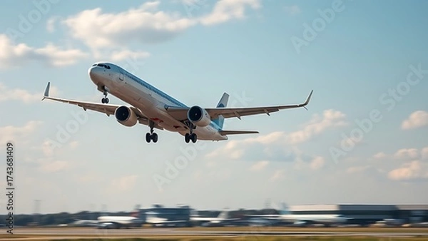 Obraz An airplane taking off into a dramatic sky from an airport runway.