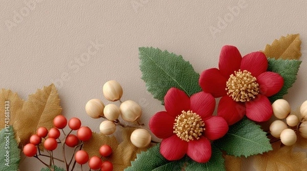 Obraz Decorative arrangement of red berries white berries and red flowers with leaves