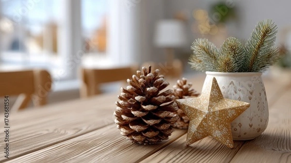 Obraz Eco friendly holiday decor with pinecones and a cardboard star