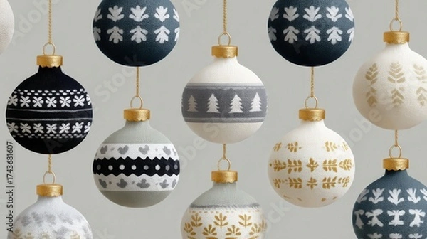 Obraz Festive Christmas baubles with Nordic patterns hang against a light background
