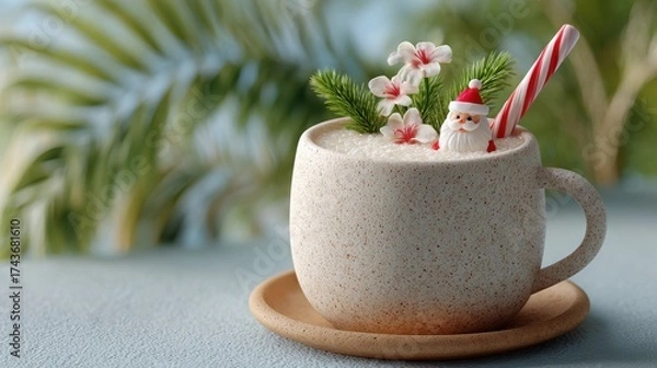 Obraz Tropical Christmas drink with Santa and candy cane in a mug