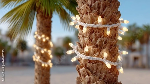 Obraz Tropical Christmas palm trees decorated with glowing string lights
