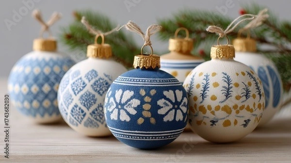 Obraz Hand painted blue and white Christmas ornaments with Scandinavian patterns