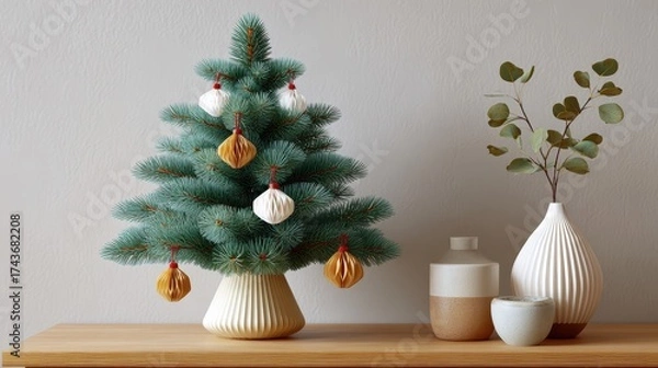 Obraz Minimalist Nordic Christmas tree with paper ornaments and vases