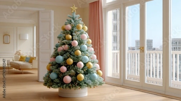 Obraz Pastel hued Christmas tree in a minimalist living room