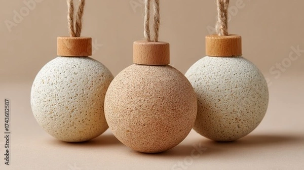 Obraz Three rustic hanging ornaments with wooden tops on a neutral background