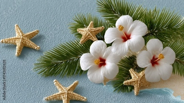 Obraz Tropical Christmas beach scene with starfish hibiscus and palm leaves