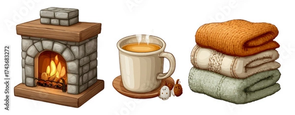 Fototapeta Cozy Hearth with Warm Drink and Soft Blankets Illustration