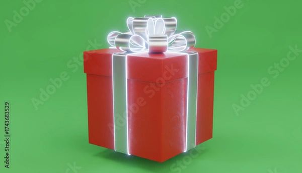 Fototapeta A vibrant red gift box with a shiny bow, perfect for celebrations and holidays, set against a bright green background.