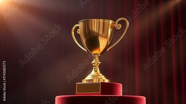Obraz A gleaming gold trophy sits on a velvet stand, radiating achievement and prestige.